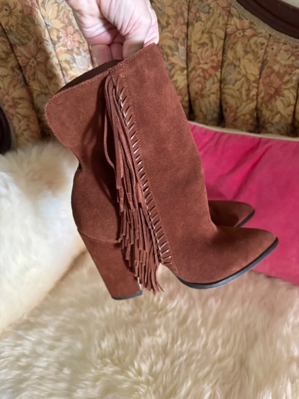 Dolce Vita Rust Brown Suede Fringe Boots pointy toe Western Chic heeled booties
